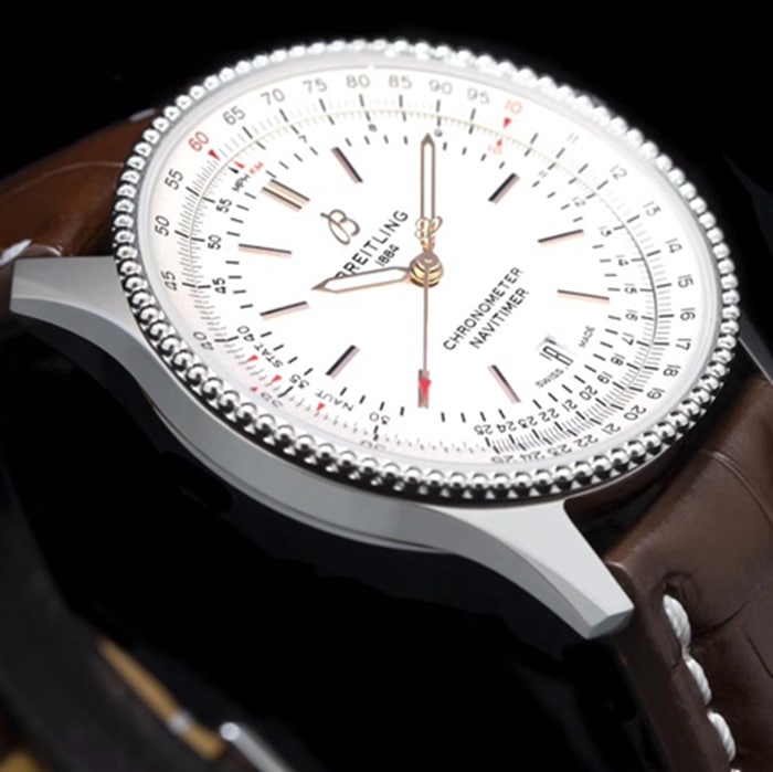 top-tier watch Breitling men's white dial aviation chronograph1 series leather strap watch side view