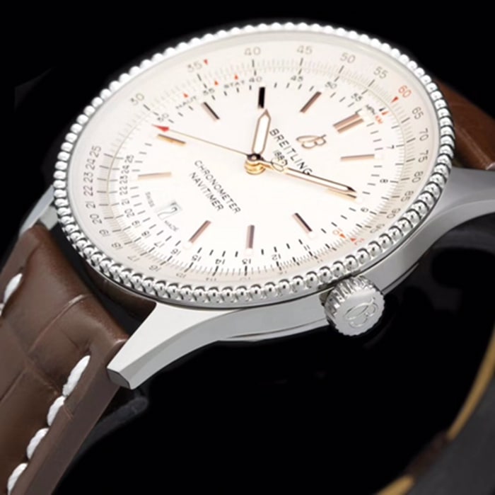top-tier watch Breitling men's white dial aviation chronograph1 series leather strap watch side view