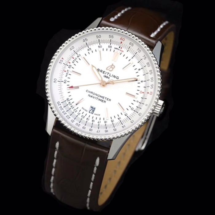 top-tier watch Breitling men's white dial aviation chronograph1 series leather strap watch front view