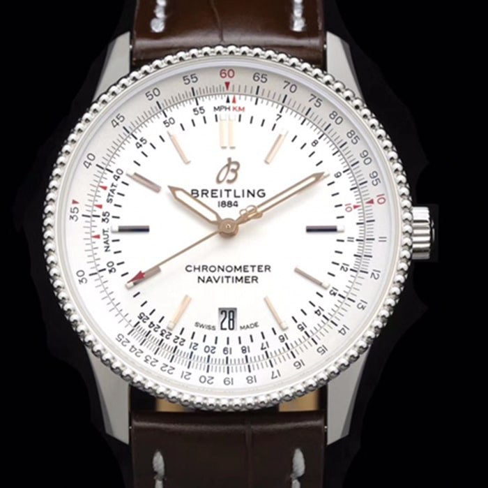 top-tier watch Breitling men's white dial aviation chronograph1 series leather strap watch front view