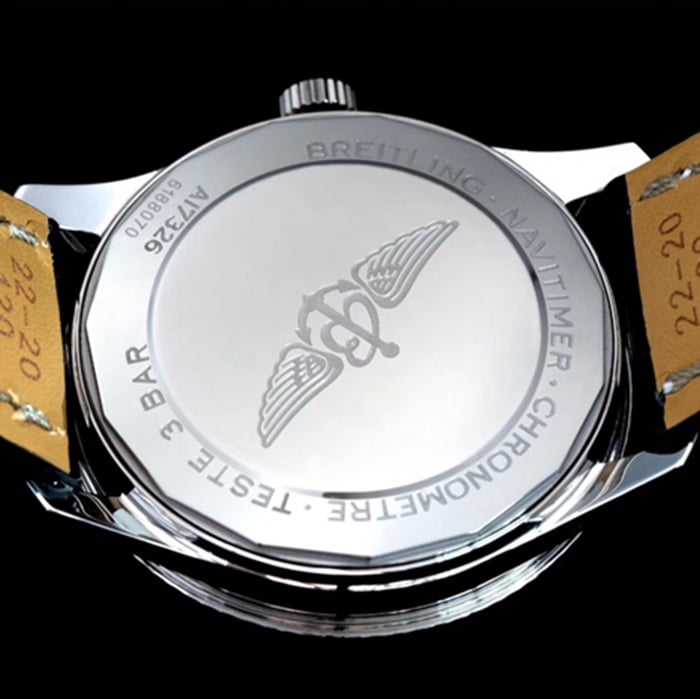top-tier watch Breitling men's black dial aviation chronograph1 series leather strap watch back cover picture