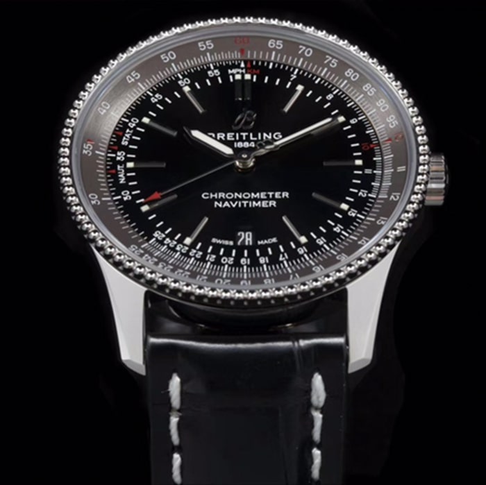 top-tier watch Breitling men's black dial aviation chronograph1 series leather strap watch detail shots