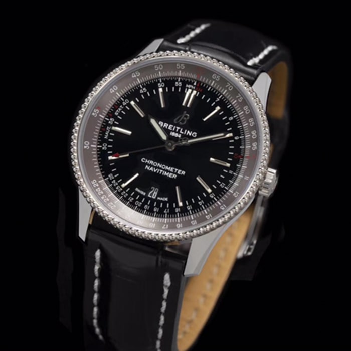 top-tier watch Breitling men's black dial aviation chronograph1 series leather strap watch front view