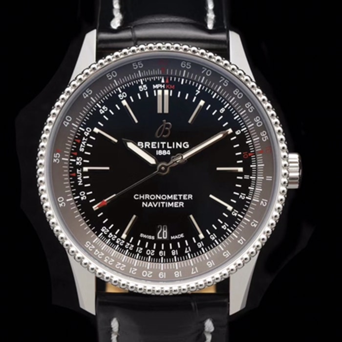 top-tier watch Breitling men's black dial aviation chronograph1 series leather strap watch front view