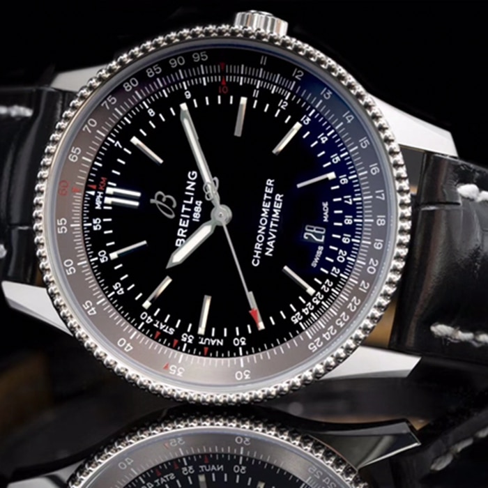 top-tier watch Breitling men's black dial aviation chronograph1 series leather strap watch front view