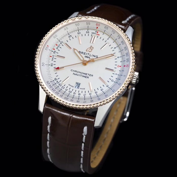 top-tier watch Breitling men's white dial aviation chronograph1 series leather strap watch front view