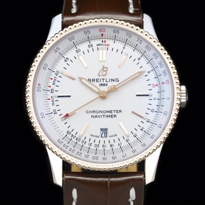 top-tier watch Breitling men's white dial aviation chronograph1 series leather strap watch front view