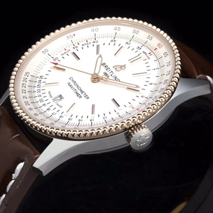 top-tier watch Breitling men's white dial aviation chronograph1 series leather strap watch side view