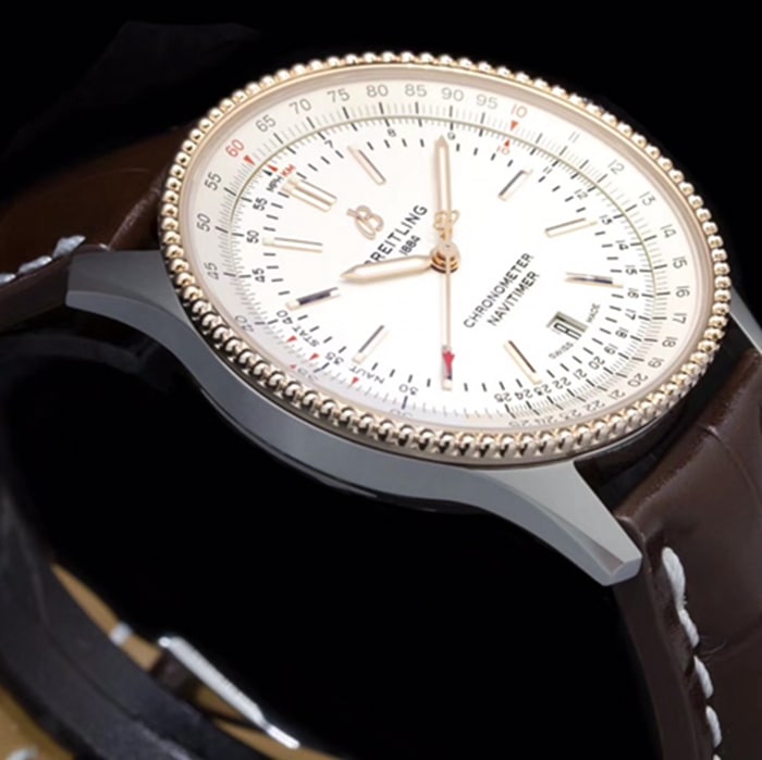 top-tier watch Breitling men's white dial aviation chronograph1 series leather strap watch side view