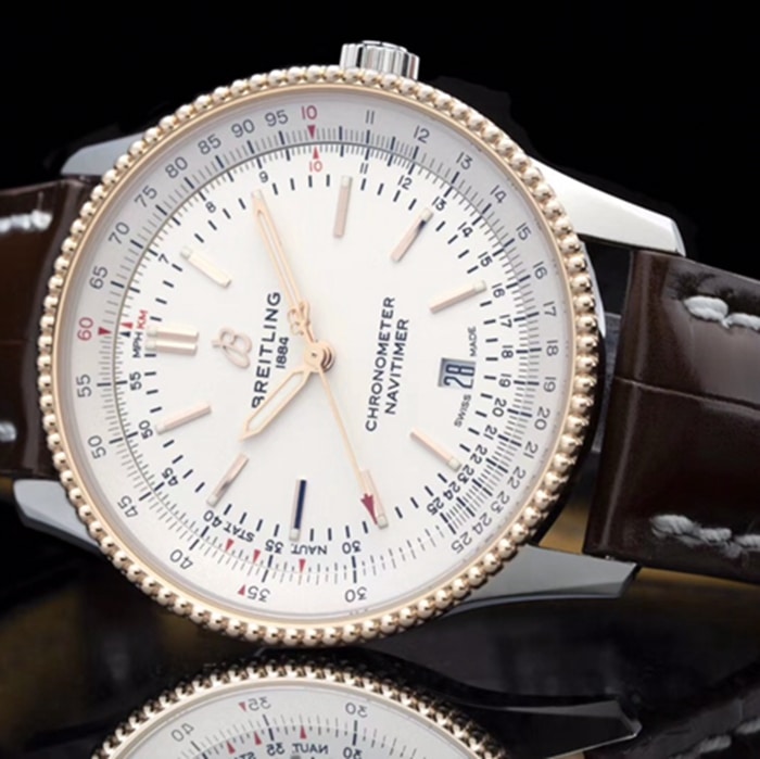 top-tier watch Breitling men's white dial aviation chronograph1 series leather strap watch front view