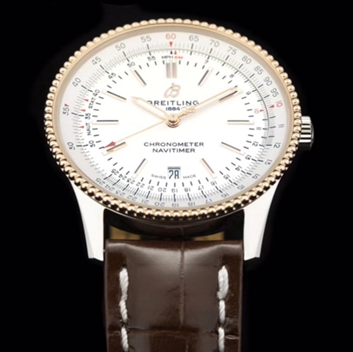 top-tier watch Breitling men's white dial aviation chronograph1 series leather strap watch detail shots