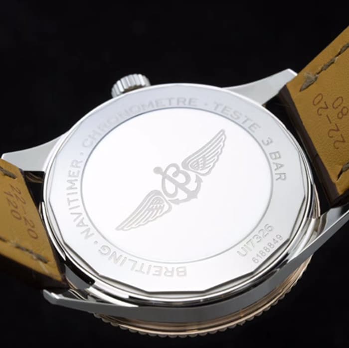 top-tier watch Breitling men's white dial aviation chronograph1 series leather strap watch back cover picture