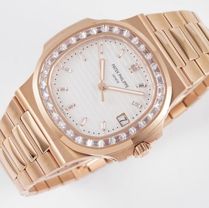 top-tier watch Patek Philippe men's white dialsteel bracelet watch front view