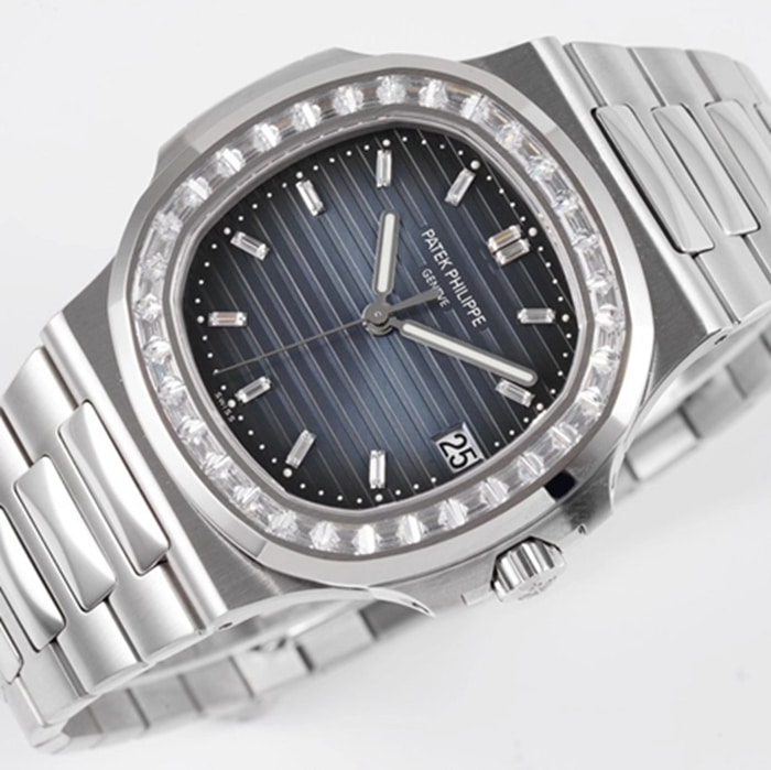 top-tier watch Patek Philippe men's blue dialsteel bracelet watch front view