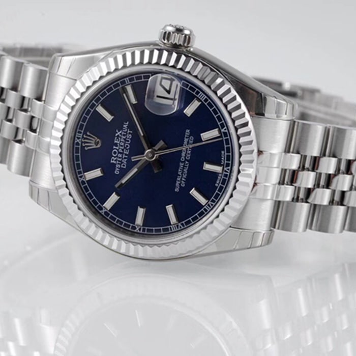 top-tier watch Rolex men's blue dial Oyster Perpetual Datejust 31mm series steel bracelet watch front view