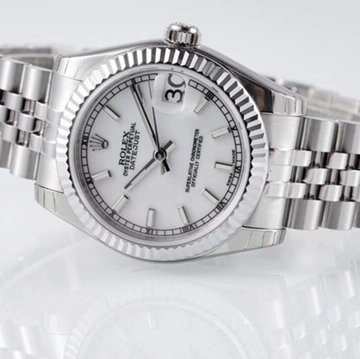 Top-tier watch Rolex men's white dial Oyster Perpetual Datejust 31mm series steel bracelet watch front view