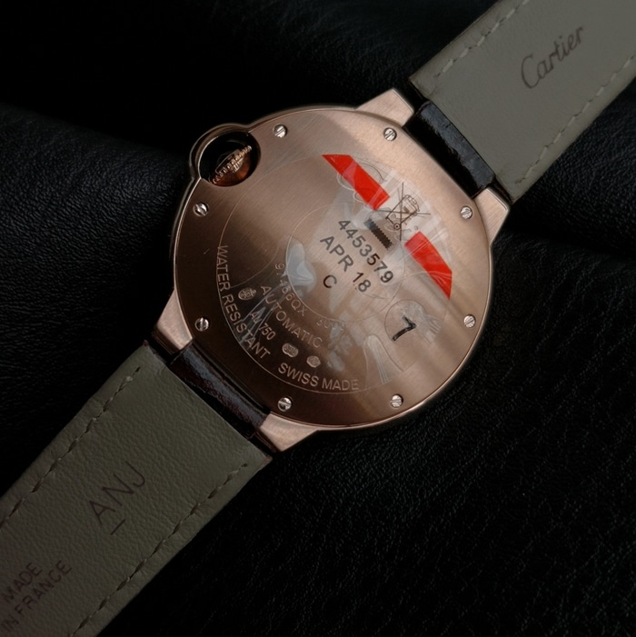 top-tier watch Cartier men's white dial blue balloon series c series leather strap watch back cover picture
