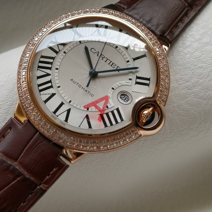top-tier watch Cartier men's white dial blue balloon leather strap watch front view