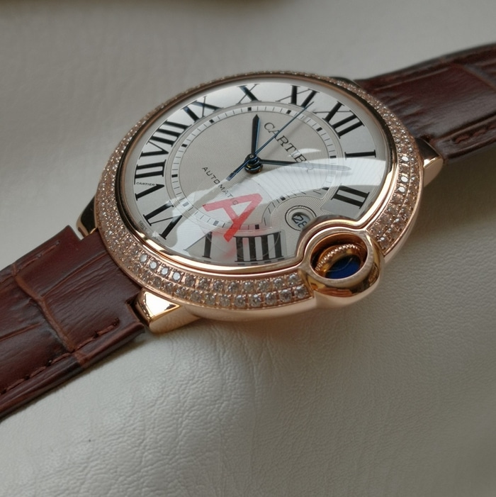 top-tier watch Cartier men's white dial blue balloon leather strap watch side view