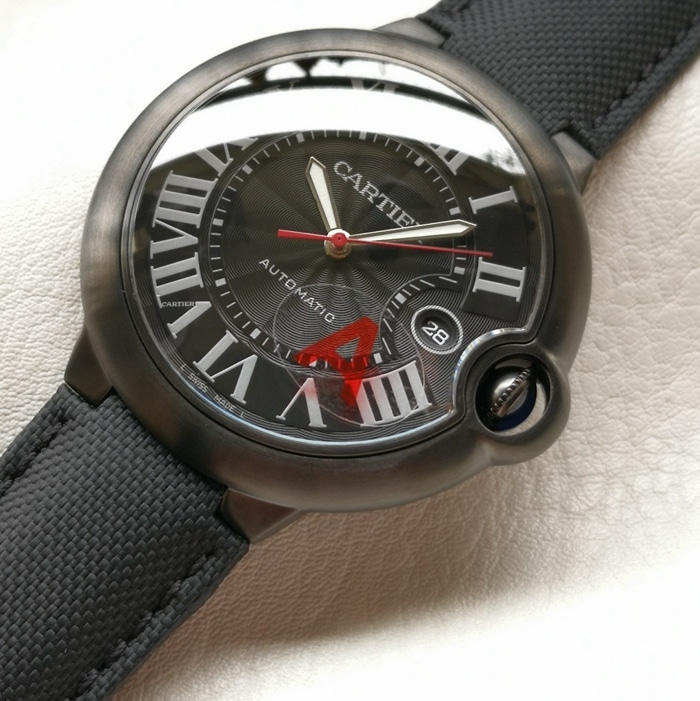 top-tier watch Cartier men's black dial blue balloon mechanical leather strap watch front view