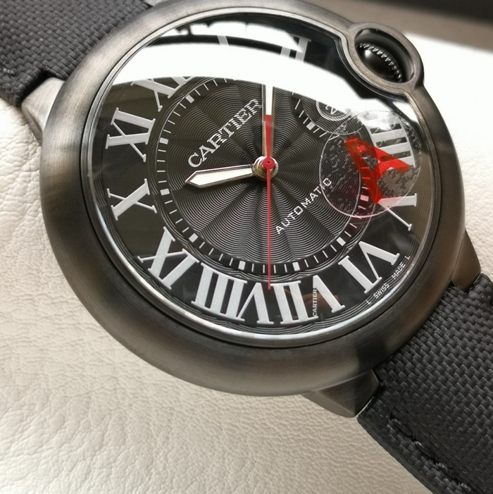 top-tier watch Cartier men's black dial blue balloon mechanical leather strap watch front view