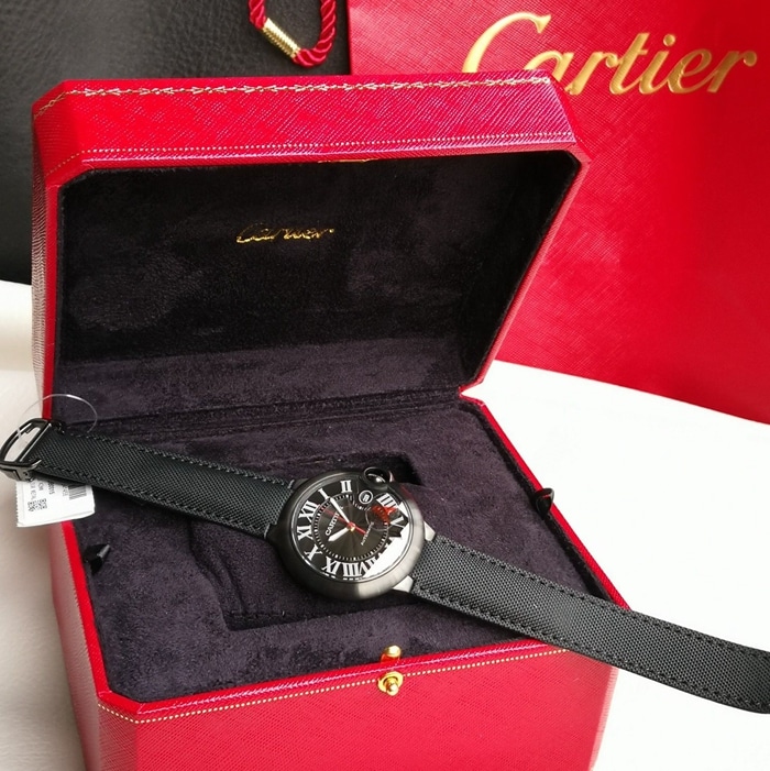 top-tier watch Cartier men's black dial blue balloon mechanical leather strap watch front view