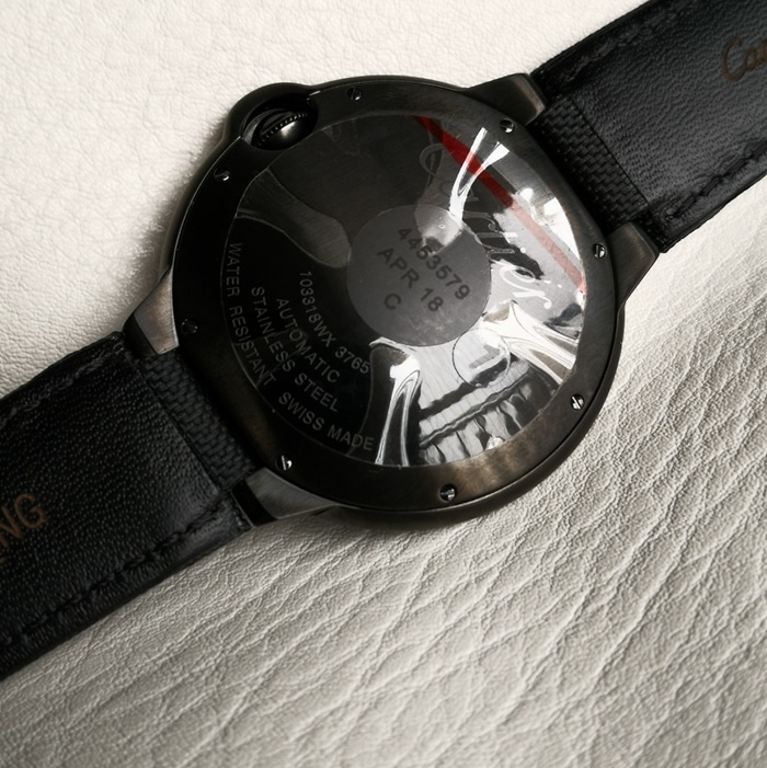 top-tier watch Cartier men's black dial blue balloon mechanical leather strap watch back cover picture