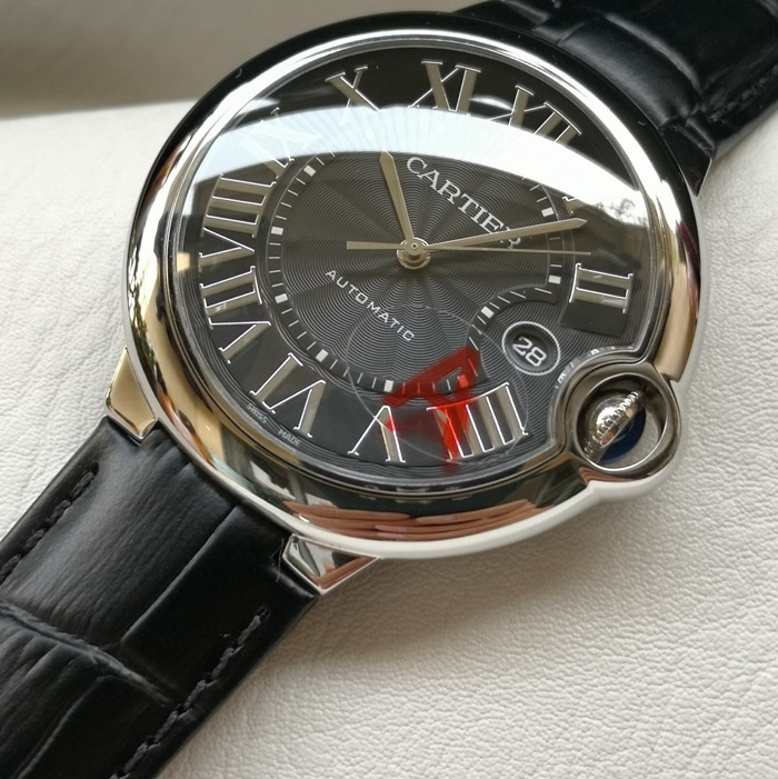 top-tier watch Cartier men's black dial blue balloon series mechanical leather strap watch front view