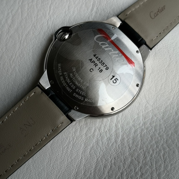 top-tier watch Cartier men's black dial blue balloon series mechanical leather strap watch back cover picture