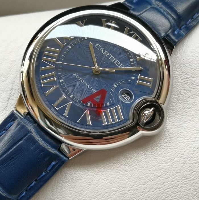 top-tier watch Cartier men's blue dial blue balloon series mechanical leather strap watch front view