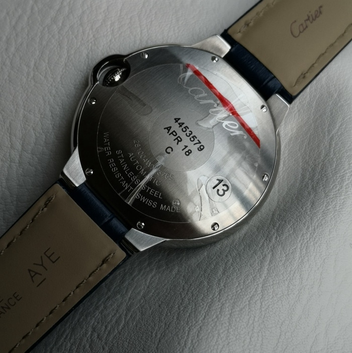 top-tier watch Cartier men's blue dial blue balloon series mechanical leather strap watch back cover picture