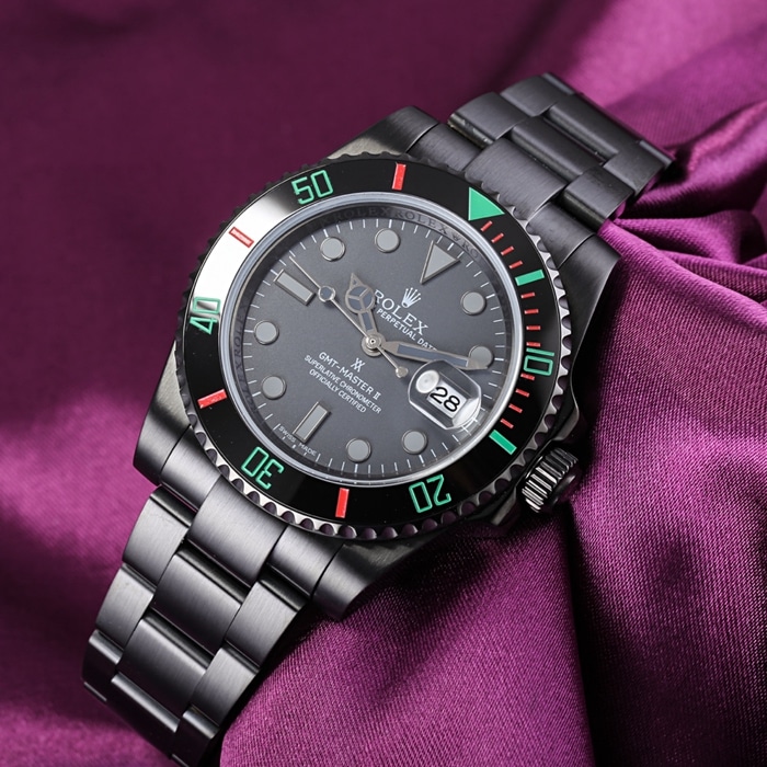 top-tier watch Rolex men's black dialsteel bracelet watch front view