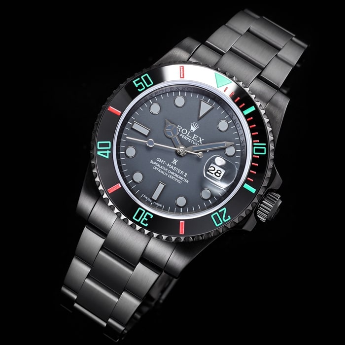 top-tier watch Rolex men's black dialsteel bracelet watch front view