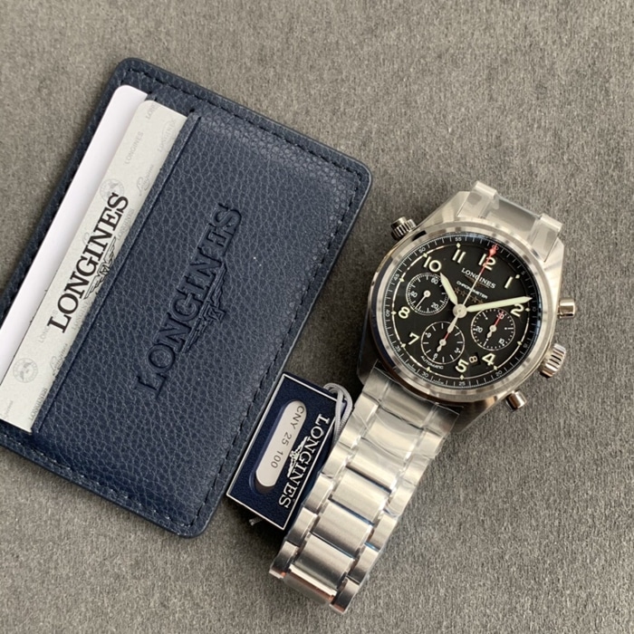 top-tier watch Longines men's black dial pioneer series steel bracelet watch front view