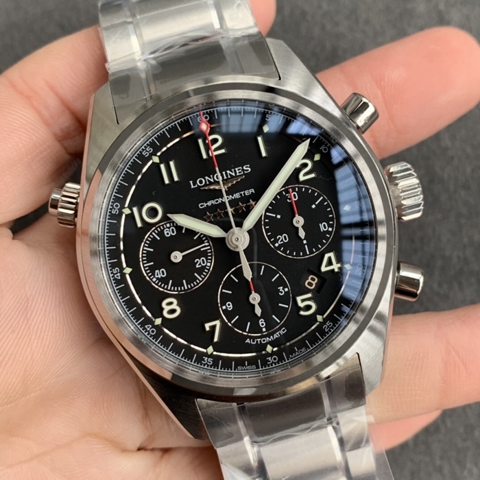 top-tier watch Longines men's black dial pioneer series steel bracelet watch front view