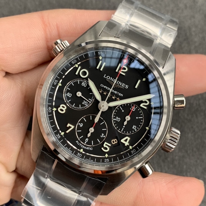 top-tier watch Longines men's black dial pioneer series steel bracelet watch front view