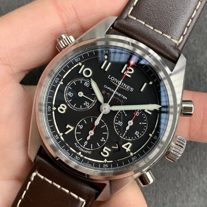 top-tier watch Longines men's black dial pioneer series leather strap watch front view