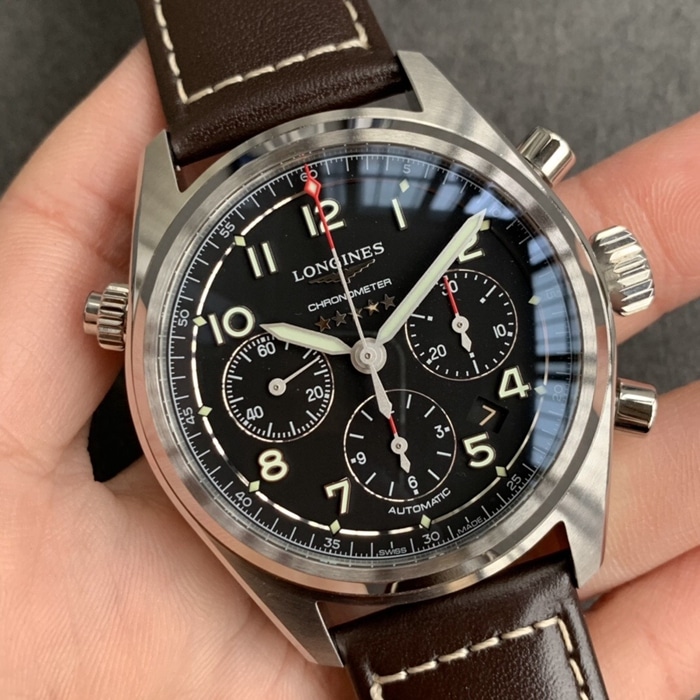 top-tier watch Longines men's black dial pioneer series leather strap watch front view