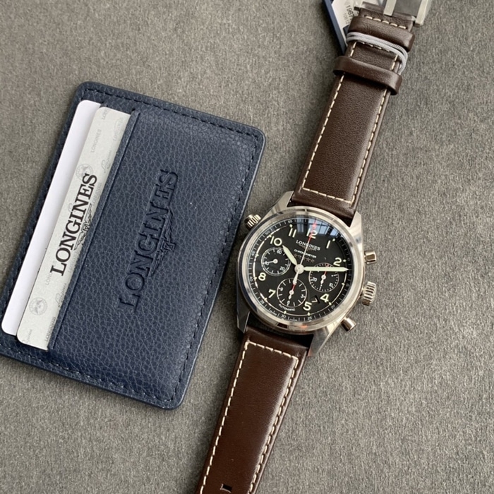 top-tier watch Longines men's black dial pioneer series leather strap watch front view