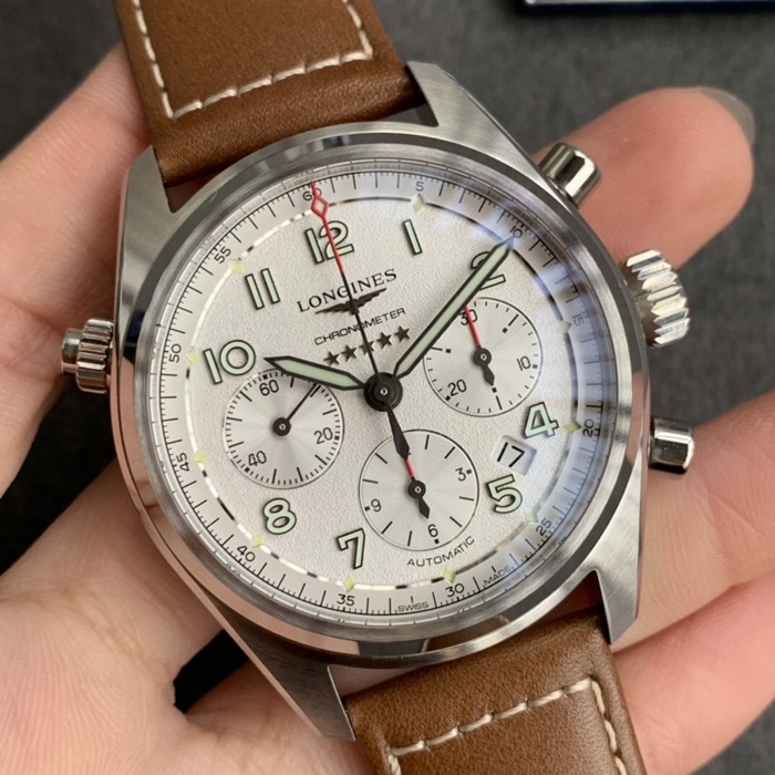 top-tier watch Longines men's white dial pioneer series leather strap watch front view