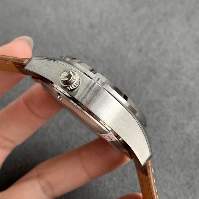 top-tier watch Longines men's white dial pioneer series leather strap watch side view