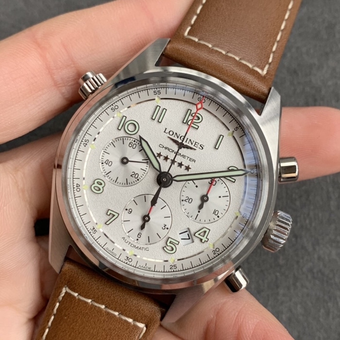 top-tier watch Longines men's white dial pioneer series leather strap watch front view
