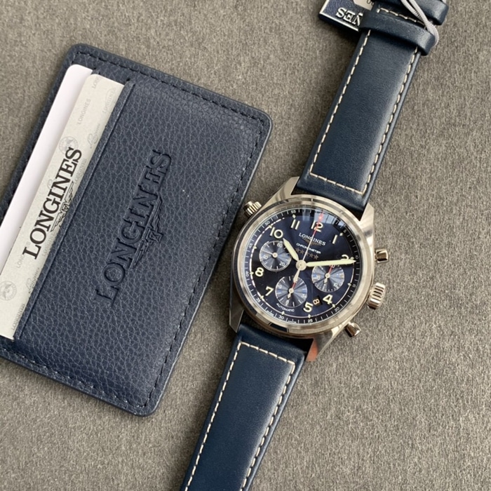 top-tier watch Longines men's blue dial pioneer series leather strap watch front view