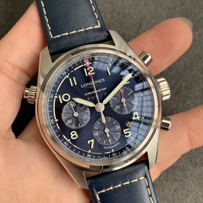 top-tier watch Longines men's blue dial pioneer series leather strap watch front view