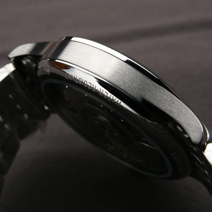 top-tier watch Longines men's white dial pioneer series steel bracelet watch side view