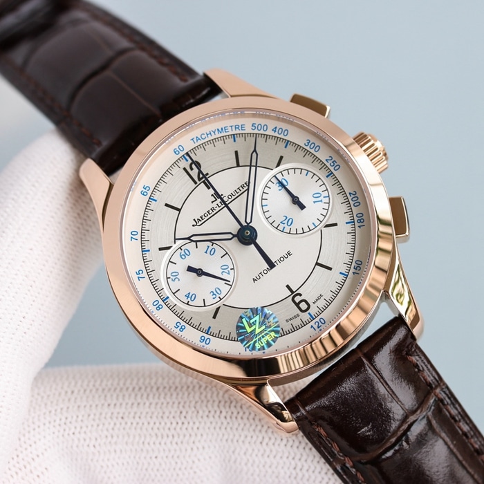 top-tier watch Jaeger-LeCoultre men's rose goldwhite dial master series fully automatic movementleather strap watch front view