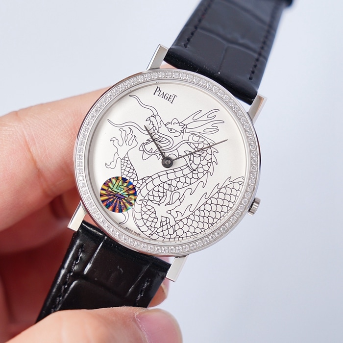 Top-tier watch Piaget men's white dial dragon and phoenix series leather strap watch front view