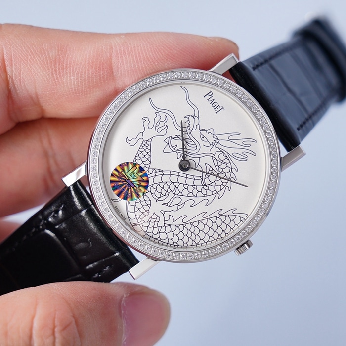 Top-tier watch Piaget men's white dial dragon and phoenix series leather strap watch front view