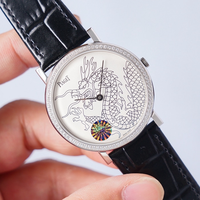 Top-tier watch Piaget men's white dial dragon and phoenix series leather strap watch front view