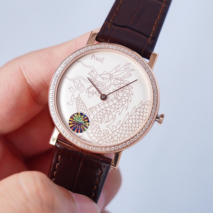 Top-tier watch Piaget men's white dial dragon and phoenix series leather strap watch front view